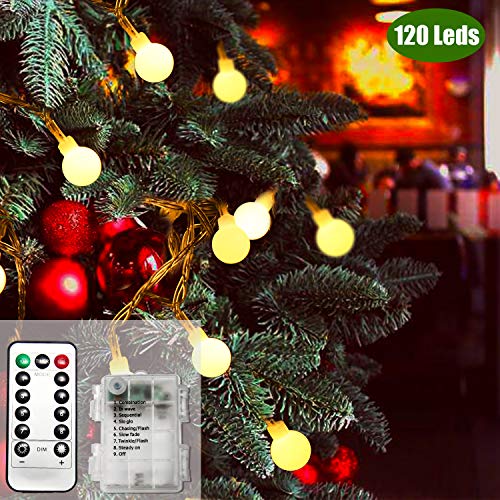 Product Cover Battery Operated String Lights, 49ft /15m 120 LED Bulb Warm White Globe String Lights with Remote Controller, Decorative Timer Fairy Light for Christmas /Wedding/Party Indoor and Outdoor - Warm White