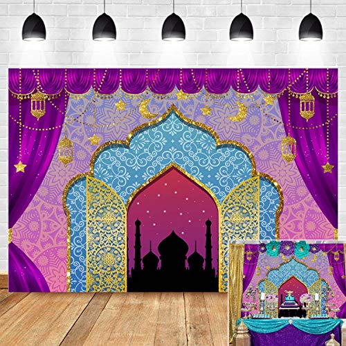 Product Cover India Bollywood Luxurious Arabian Moroccan Nights Photography Backdrop Magic Genie Lamp Princess Birthday Party Decorations Vinyl Gold Photo Background Baby Shower 5x3ft Photo Booth Prop Cake Table