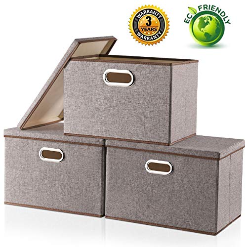 Product Cover Large Storage Boxes with Lid [3-Pack] Linen Fabric Decorative Storage Box Bin Organizer Containers Collapsible Basket Cube with Handles Divider for Bedroom Closet Office Living Room (17.7x11.8x11.8)