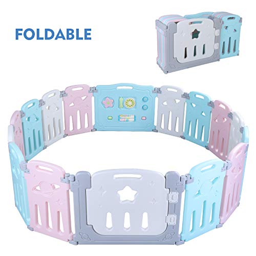Product Cover POTBY Star Pattern Foldable Baby Playpen 16 Panel Activity Center Safety Playard, One-Click Folding, Double Layer Clasp and Anti-Slip Base Kid's Fence Indoor Outdoor for Children 10 Months~6 Years Old