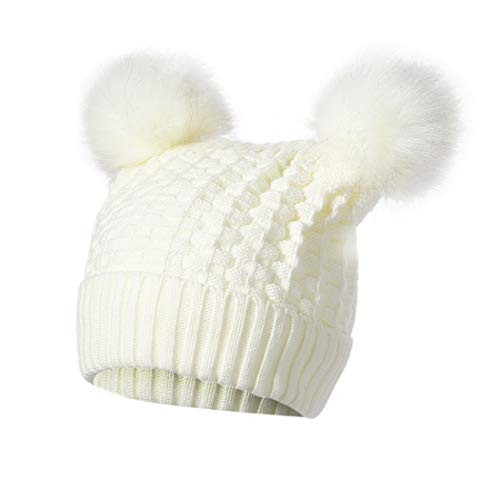 Product Cover Mirage Moon Winter Faux Fur Pompom Hats, Soft Warm Ski Cap, Cable Knit Beanie for Adults and Children(White)