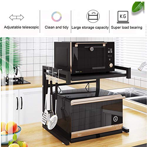 Product Cover INDIAN DECOR 35600 Metal Microwave Oven Rack Shelf Kitchen Supplies Tableware Storage Carbon Stainless Steel Counter Rice Cooker Stand Contains 2 Tiers with 3 Hooks (14.17x16.54) Black