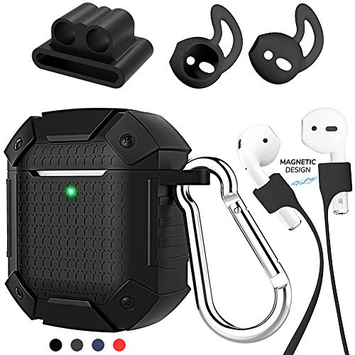 Product Cover Airpods Case Accessories Kit,Silicone Case Cover with Keychain/Watch Band Holder/Airpods Ear Hook/Magnetic Strap Set, Protetive Shockproof Waterproof Heavy Duty Armor Case（Black）