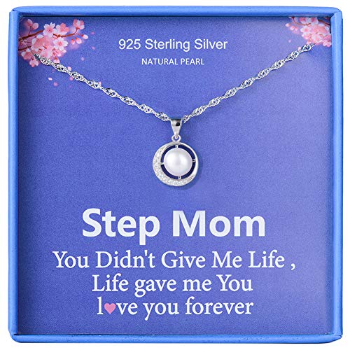 Product Cover Gifts for Step Mom Mother Birthday Necklace 925 Sterling Silver Single Pearl Pendant Moon CZ Cubic Zirconia Step Mom From Step Daughter Jewelry for Women
