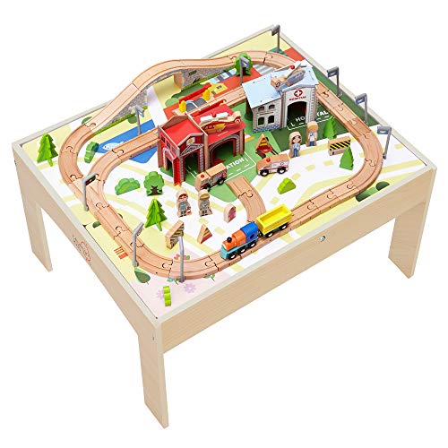 Product Cover Teamson Kids - 85 Pcs Train Set and Table Wooden Tracks & Accessories Preschool Play Lab Toys Country for Boys Kids Toddlers - Wood