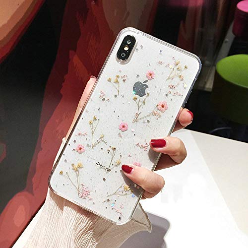 Product Cover iPhone 11 Pro Max Flower Case, Shinymore Soft Clear Flexible Rubber Pressed Dry Real Flowers Case Girls Glitter Floral Cover for iPhone 11 Pro Max-Pink