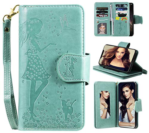 Product Cover FLYEE iPhone 11 Pro Max Wallet Case with Mirror, 9 Cards Slots Premium Leather Flip Case Closure Magnetic Dream [Embossed] Protective Folding Cover Kickstand for iPhone 11 Pro Max 6.5 inch-Green