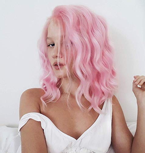 Product Cover Vigorous Pink Lace Front Wigs for Women Bob Curly Pink Wig Wavy Light Pink Wig Free Part Cosplay Daily Party Wig Heat Resistant Synthetic Lace Front Wigs 16 Inch