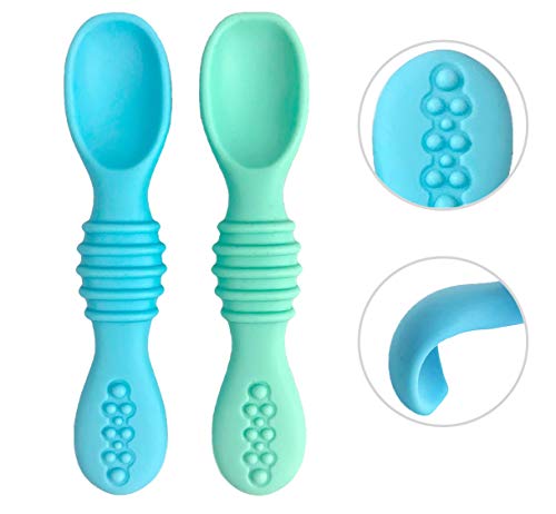 Product Cover Otterlove Silicone Baby Spoons - 100% Platinum Pure LFGB Silicone Soft-Tip - Self Feeding Training Spoon + Teether for Baby Led Weaning - 2 Pack Blue & Mint Green
