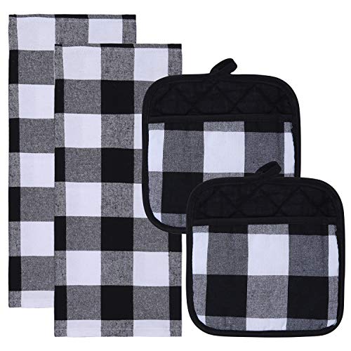 Product Cover Aneco 4 Pack Check Plaid Dish Towels Pot Holders Oversized 18 x 28 inches Cotton Kitchen Dish Towels Fast Drying Cotton Tea Towels Check Plaid Gift Set