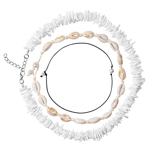 Product Cover Shell Pearls Choker Necklace, 14 16 18 inch Handmade Seashell Choker Adjustable Natural Short Hawaiian Boho Summer Beach Jewelry Set for Girls or Women, for Party, Travel, Outdoor, etc.