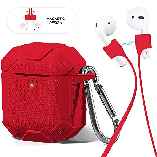 Product Cover GMYLE AirPod Case Accessories Set, [Front LED Visible] Protective Silicone Rugged Armor Cover Skin with Keychain, Ear Hook, Magnetic Strap for Apple AirPods 1 & 2 Earbuds Wireless Charging Case, Red