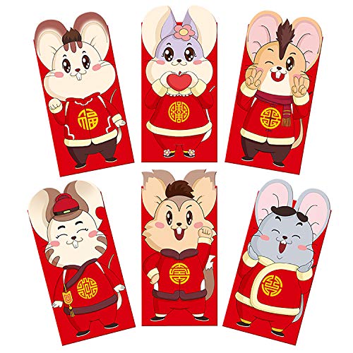 Product Cover 12 Pieces Chinese New Year of The Rat Red Envelopes Year of 2020 Chinese Rat Year Hong Bao Lucky Money Packets for New Year Wedding, 6 Designs (3.5 x 6.46 Inches)