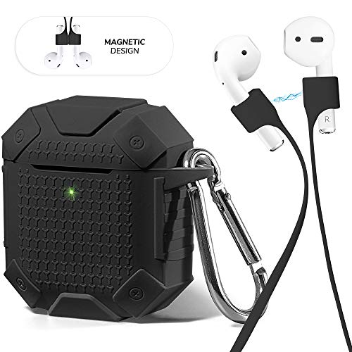 Product Cover GMYLE AirPod Case Accessories Set, [Front LED Visible] Protective Silicone Rugged Armor Cover Skin with Keychain, Ear Hook, Magnetic Strap for Apple AirPods 1 & 2 Earbuds Wireless Charging Case, Black