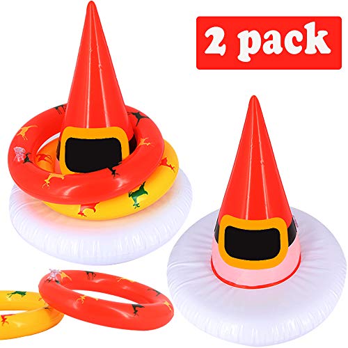 Product Cover MeiGuiSha 2 Pack Christmas Inflatable Witch Hat Ring Toss Game Christmas Games for Kids Wearable or Placement Include 2 Hats & 8 Rings &1 Gift Bag (Christmas Santa Hat)