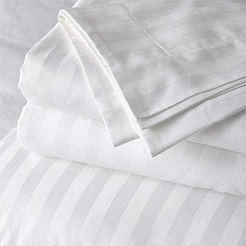Product Cover Cloth Fusion Amor Satin Striped 210 TC Cotton Fitted Bedsheet with 2 Pillow Covers- King(78x72) Inches, White