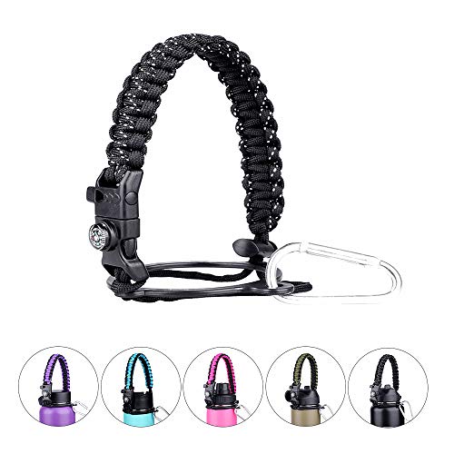 Product Cover Red King Paracord Handle - Paracord Carrier Strap Cord with Safety Ring,Compass and Carabiner for Wide Mouth Water Bottles 12 Oz - 64 Oz - Ideal Flask Accessories for Hiking (Black and White)