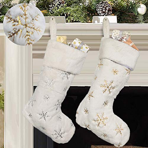 Product Cover NIGHT-GRING Christmas Stockings, 2 Pcs 22 inches White/Gold Sequin Snowflake and Plush Faux Fur Christmas Stocking, Christmas Decorations Family Holiday Xmas Party Accessory