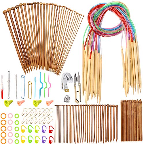 Product Cover Outkitkit 102pcs Knitting Needles Set with Weaving Tools Kit Bamboo Circular Knitting Needles Crochet Hooks for DIY Craft, Starters
