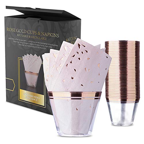 Product Cover Rose Gold Plastic Cups and Napkins - Set of 60 Disposable 9 Oz Plastic Cups for Birthdays, Wedding, Baby and Bridal Showers, Graduation, Cocktail Parties