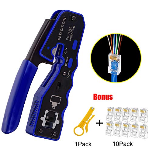 Product Cover RJ45 Crimper Tool Kit, All-in-one Stripper Cutter Crimper Tool for RJ45 Cat6 Cat5 Cat5e Pass-Thru Connectors with 10 Pieces Cat6 Ends,and 1 Piece Mini Wire Stripper