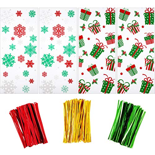 Product Cover 100 Pieces Christmas Cellophane Bags Candy Gift Bags Goodies Treat Bags with 150 Pieces Twist Ties for Christmas Party, 2
