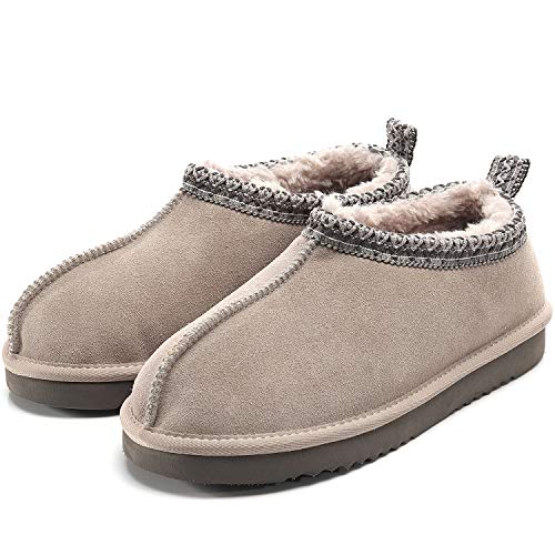 Product Cover Leather Moccasin Slippers for Men, Suede Faux Fur Lined Anti-Skid Slip On Cozy House Shoes, Fluffy Fuzzy Winter Indoor Outdoor Bootie Boot Gray Size 10