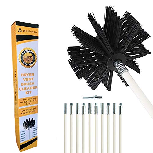 Product Cover Di and Drew 20 Feet Dryer Vent Cleaner Kit, Flexible Lint Remover, Bonus Drill Adapter Included, Extends Up to 20 Feet, Fireplace Chimney Brush, Synthetic Brush Head, Use with Or Without Drill