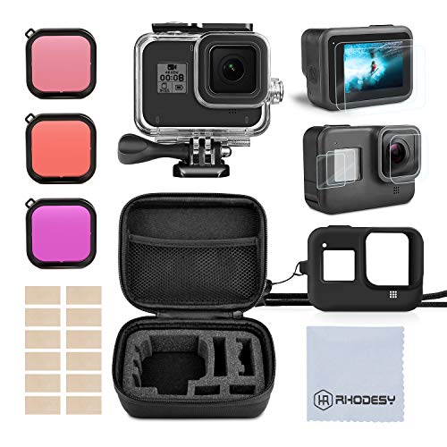 Product Cover Accessory Kit for Gopro Hero 8, Rhodesy Housing Case and Filter Kit Including Waterproof housing case, Filter, Tempered Glass Screen Protector, Anti-Fog Inserts, Carrying Case for Gopro Hero 8 Camera