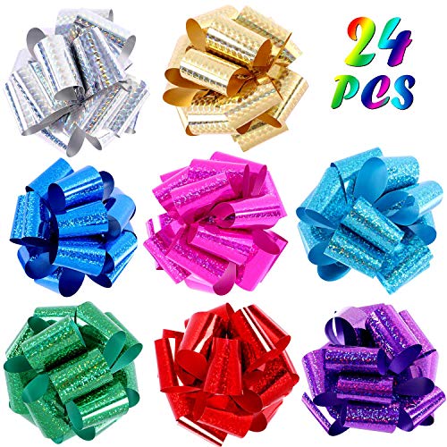Product Cover G.C 24 Pcs 5 Inches Wide Christmas Glittering Pull Bows Gift Wrapping Ribbon Bows 8 Colors Laser Wrap Hamper Wrapping Loop Bows for Christmas Weddings Birthday Party Bows for Gift Decorations