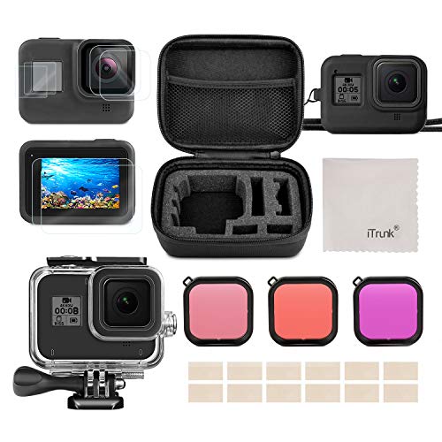 Product Cover iTrunk Accessories Compatible for GoPro Hero 8 Including Travel Case + Waterproof Case + Tempered Glass Screen Protector + Silicone Cover + Diving Filters+ Anti-Fog Inserts for GoPro Hero 8