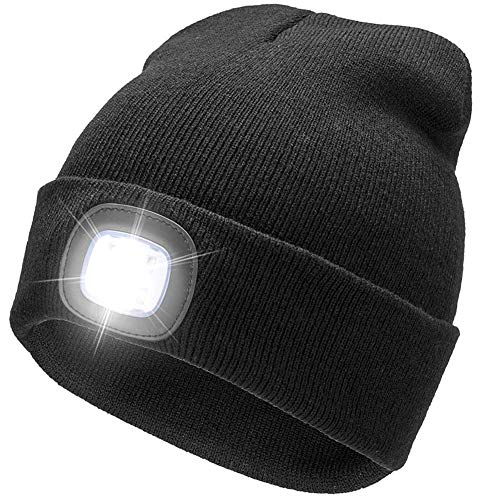 Product Cover BO KAI LUN USB Rechargeable LED Beanie Cap, Lighting 4 LED Hands Free Flashlight, Easy Install Quick Release Headlamp Beanie, Unisex Winter Warmer Knit Cap Hat (Black)