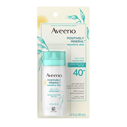 Product Cover Aveeno Positively Mineral Sensitive Skin SPF 40+ Sunscreen Face Milk with Zinc Oxide & Titanium Dioxide, Invisible Oil-Free Liquid Facial Sunscreen, Paraben- & Phthalate-Free, 1.4 fl. oz