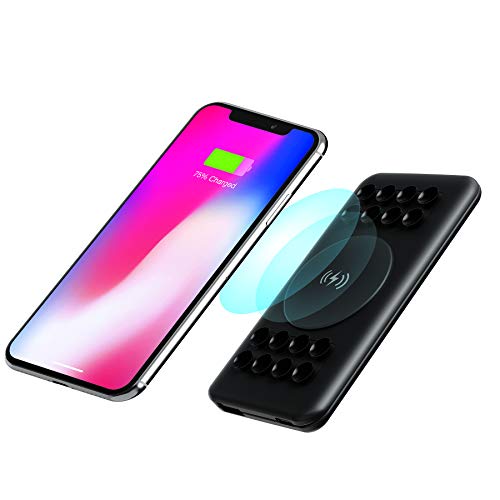 Product Cover Merkury Innovations Portable Charger, 2-in-1 5000mAh, 5 LED Indicator Lights Wireless Power Bank Handy Battery Pack with Suction Cups Sticking to Cell Phones Ultra Slim Design, Black