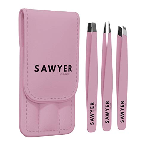 Product Cover Precision Tweezers - 3-Piece Stainless Steel Slant Tip Tweezer Set for Eyebrows and Eyelash Extensions - By Sawyer Self-Care (Pink)