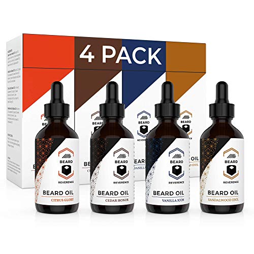 Product Cover Beard Oil 4 Pack (Vanilla, Sandalwood, Cedarwood, Citrus) - All Natural Leave-in Conditioner to Soften and Style Beards and Mustaches - Made with Tea Tree, Jojoba, Argan Oils - 1oz Each