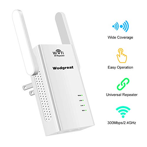 Product Cover WiFi Range Extender, Wodgreat 300Mbps Wireless Internet Signal Booster Wi-Fi Repeater with High Gain Dual External Antennas WLAN Blast Adapter, 2.4GHz Network, Easy Setup