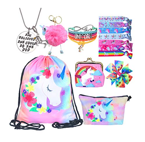 Product Cover Unicorn Gifts for Girls - Unicorn Drawstring Backpack/Makeup Bag/Bracelet/Necklace/Hair Ties/Keychain/Sticker (Flower Head 3)