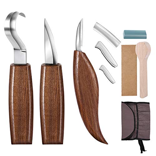 Product Cover Gimars Sharp 420J20 Japan Stainless Iron Wood Spoon Carving Knives Kits Tools Set, Linoleum Cutters, Whittling Chip Detail Carving Knives with Polishing Leather Strop for Beginners Professional, 3 pcs