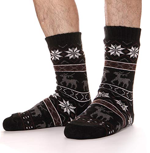 Product Cover Mens Fuzzy Slipper Socks Fluffy Warm Thick Heavy Fleece Lined Stockings Winter Socks (Deer-Black)