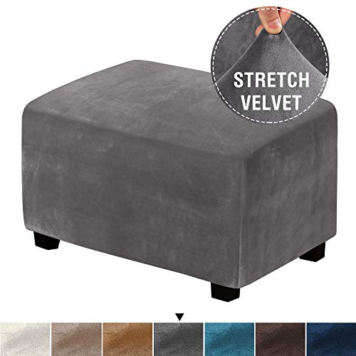 Product Cover H.VERSAILTEX Real Velvet Plush 1 Piece Form Fit Stretch Rectangle Folding Storage Covers Ottoman Slipcovers Removable Footstool Protect Footrest Covers Elastic Bottom, Machine Washable(Large, Grey)