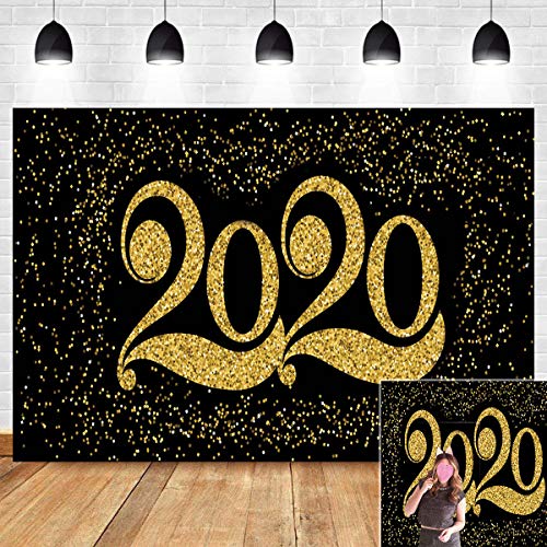 Product Cover 2020 New Year Themed Photography Backdrop Black Gold Photo Booth Party Banner Supplies Vinyl 7x5ft Happy New Year Eve Celebration Photo Background Baby Shower Birthday Family Photos Decor