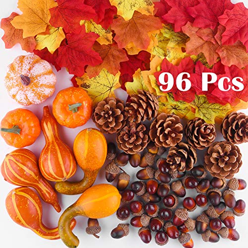 Product Cover FFEPITO 96 Pcs Fall Thanksgiving Decorations, Mini Artificial Pumpkins, Pine Cones, Fall Leaves, Acorns for Fall Party Decorations, Autumn Decorating Kit Halloween Thanksgiving Party Supplies
