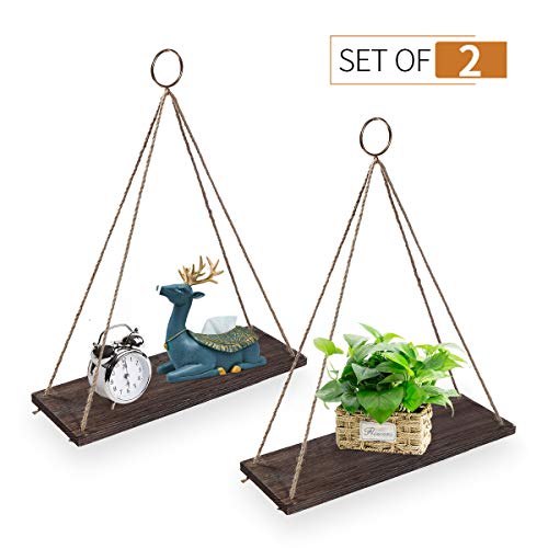 Product Cover AGSIVO Hanging Shelves Wall Mounted Wood Shelves with 2 Rings Lightweight and Durable Farmhouse Rope Shelves for Living Room Bedroom Bathroom Kitchen