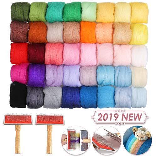 Product Cover Jeteven Needle Felting Kit 40 Colors Wool Roving DIY with 2 Wool Felt Brushes