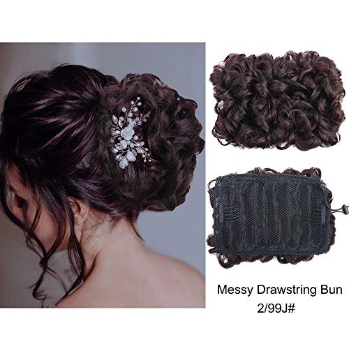 Product Cover MORICA Messy Bun Ponytail Extension Curly Wavy Dish Bun Hairpiece Clip in Drawstring Ponytail Hair Pieces for Women (Natural Black & Red Wine -2/99J#)