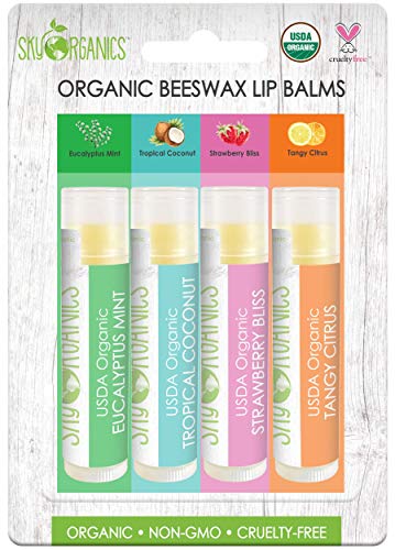 Product Cover USDA Organic Flavored Beeswax Lip Balms (4 Tubes) Eucalyptus Mint, Tropical Coconut, Strawberry, Tangy Citrus - Beeswax Coconut Oil Vitamin E Lip Butter Chapstick for Dry Lips - For Adults & Kids