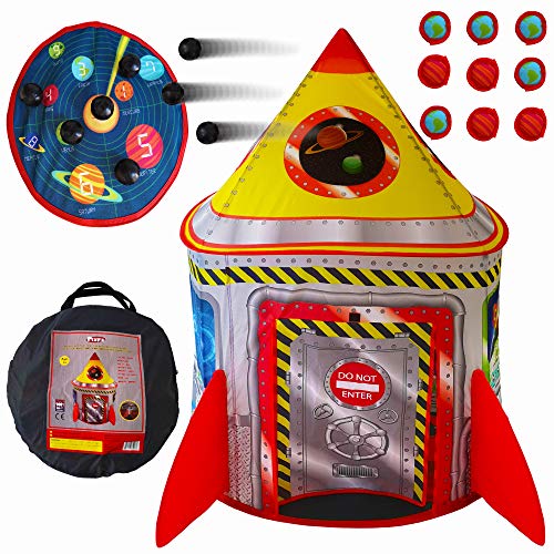 Product Cover Playz 5-in-1 Rocket Ship Play Tent for Kids with Dart Board, Tic Tac Toe, Maze Game, & Immersive Floor - Indoor & Outdoor Popup Playhouse Set for Toddler, Baby, & Children Birthday Gifts
