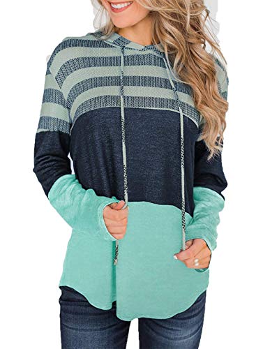 Product Cover Womens Long Sleeve Oversize Novelty Pullover Color Block Striped Retro Hooded Sweatshirts Green