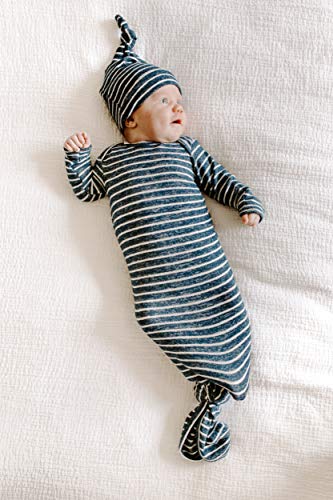 Product Cover aden + anais Snuggle Knit Knotted Newborn Baby Gown and Hat Set, Super Soft and Stretchy Sleeping Bag Infant Sleeper Kit, 0-3 Months, Navy Stripe